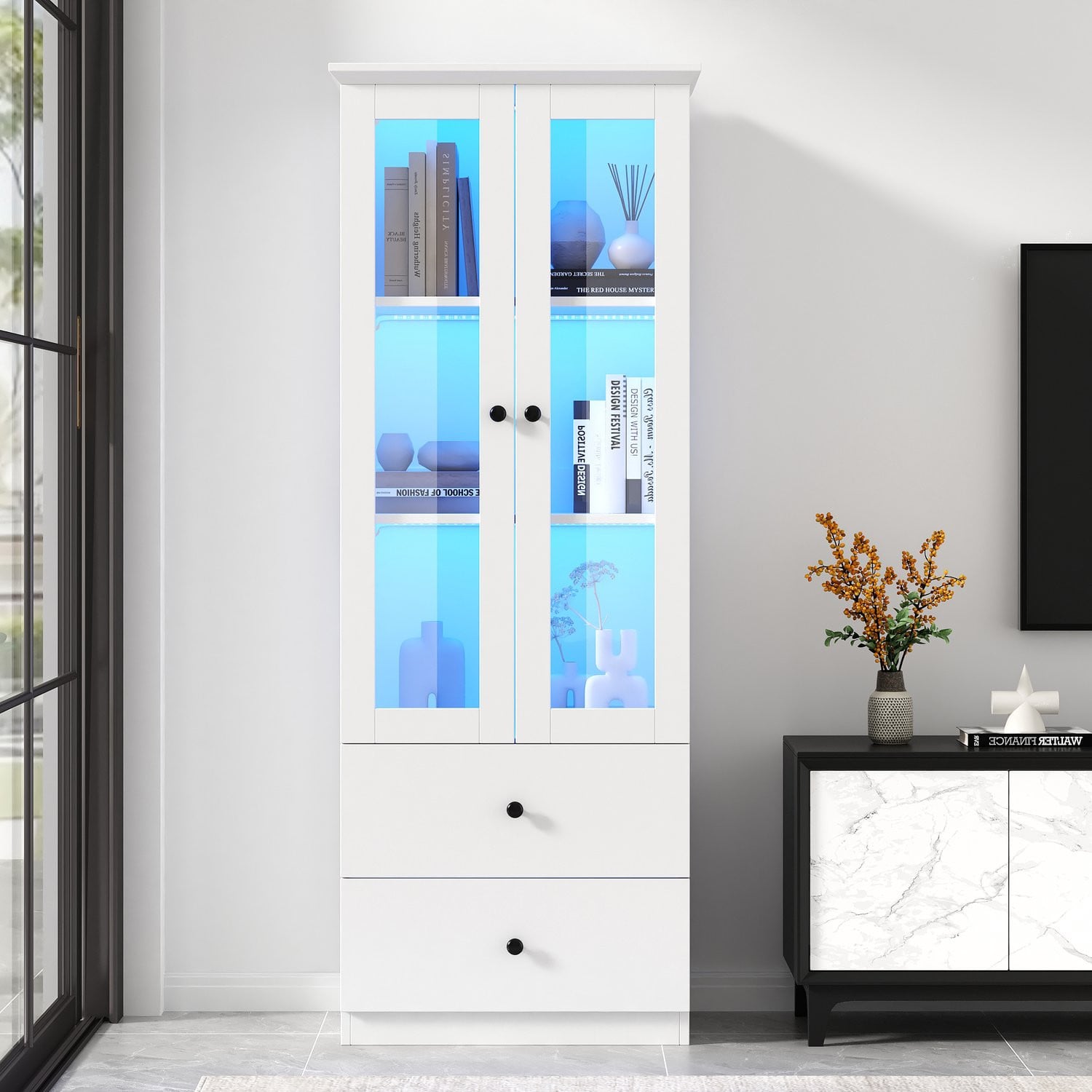 Sweiko Vitrinekast met LED-verlichting en 2 lades - Wit