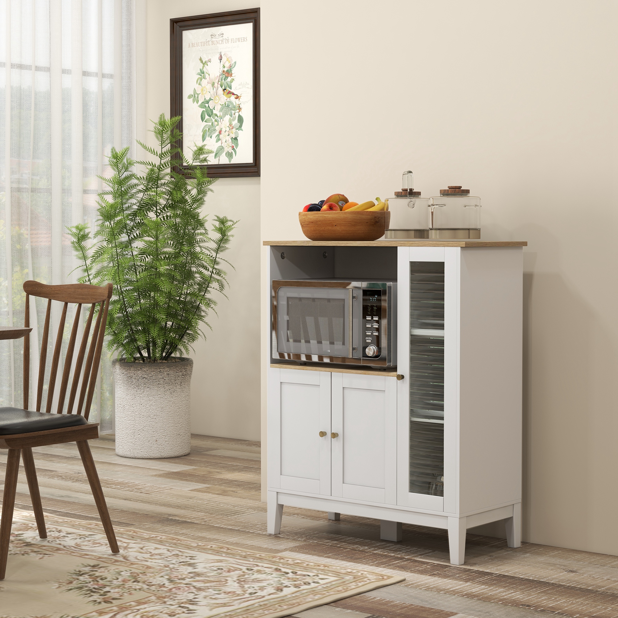 Homcom Mobile Microonde con Armadietto Inferiore e 3 Ripiani Laterali con Anta in Vetro, in Legno, 80x35x97 cm, Bianco   Aosom Italy