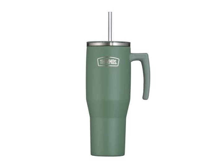 Thermos Gobelet avec paille et anse\, 1\,10 l\, vert mat Gobelet isotherme à double paroi en acier inoxydable\, pour les déplacements et la maison\, vert\, série Refreshing