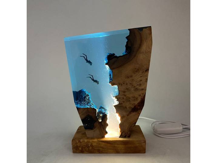 Lampe de Table en Résine avec Organisme Mondial des Fond Marins, Luminaire Décoratif, Créatif, Diving Diversification, Thème Exploration, Veilleuse, Charge USB