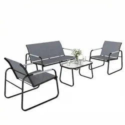 Outsunny 4-teiliges Gartenmöbelset mit Loveseat, 2 Sesseln, Tisch mit Glasplatte, Metallrahmen, Texteline-Mesh, Grau