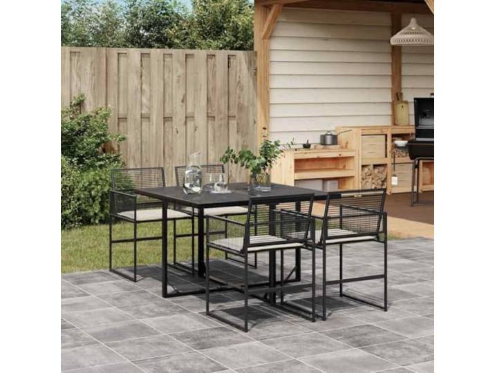 KTHLBRH Gartenmöbel-Set, 5-teilig, schwarz, mit Kissen Polyrattan, Glastisch, Klappstühle, 110 kg pro Sitzfläche