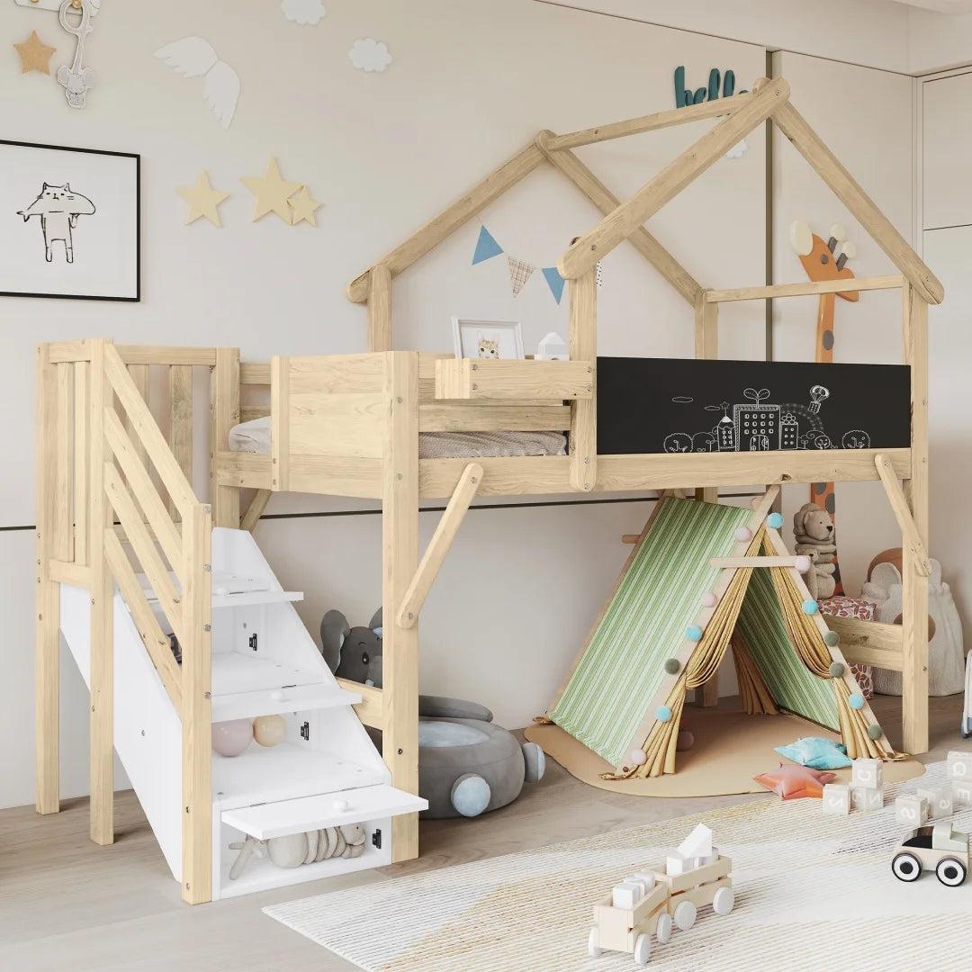 Kinderbett - Bett - Einzelbett - Kinderbettgestell - Bett mit Stauraum - Einzigartiges Dachdesign
