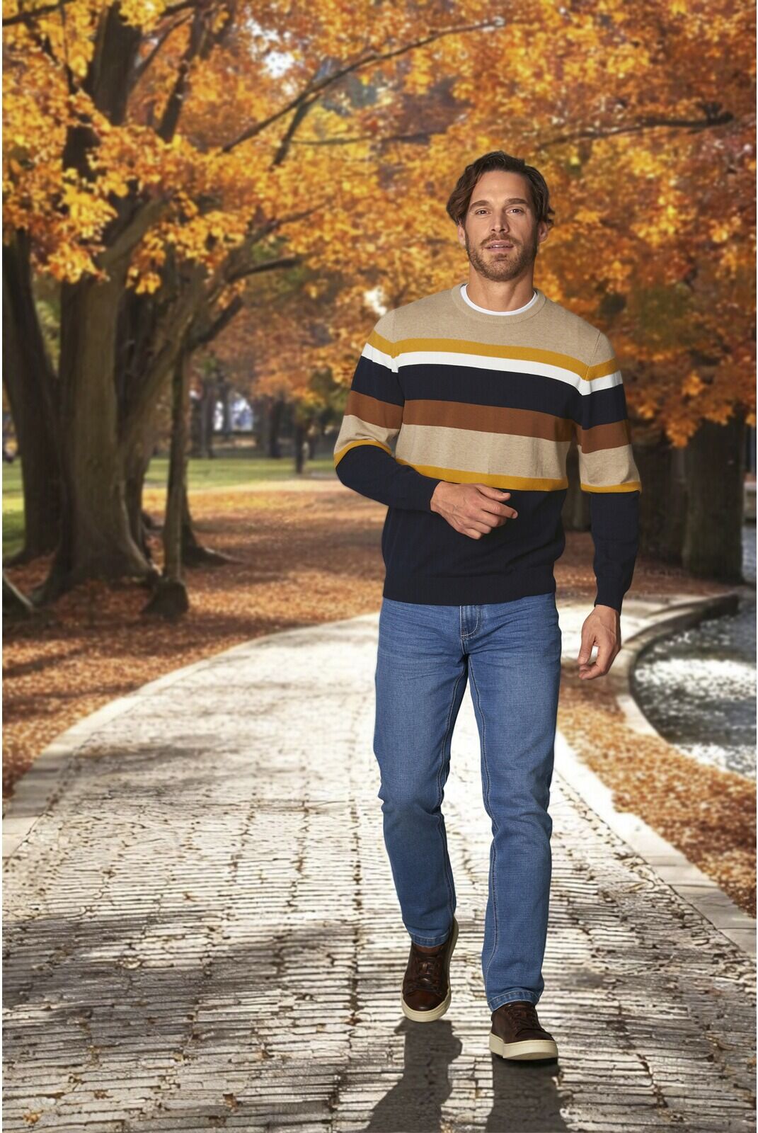 Rundhalspullover BABISTA "Pullover CALDEN", Herren, Gr. M, beige (beige gestreift), Obermaterial: 100% Baumwolle CO., Pullover Rundhalspullover
