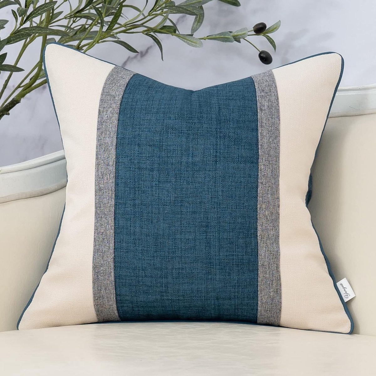 Patchwork Sierkussenhoes Linnen Blauw en Neutraal 45x45 cm - Bank & Woonkamer Decoratie