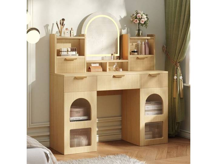 Bladez - Grande coiffeuse avec miroir LED Table de maquillage bois avec 3 tiroirs 2 vitrines Rangement chambre 120x40x139 5cm