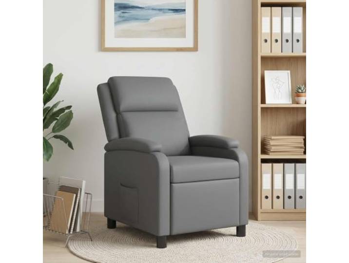 Relaxsessel Grau Kunstleder mit Neigungsfunktion 115°-160° Metall- und Holzgestell, schwarze Kunststoffbeine, für Wohnzimmer und Büro, einfache Reinigung