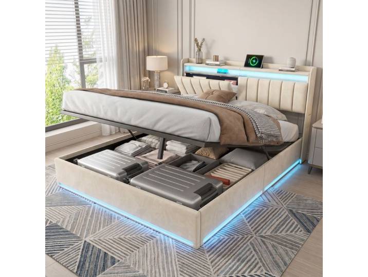 Lit coffre 140x190 - RWUDV - LED - Tête de lit avec rangement USB - litcoffre 140x190 coffre -lit 140x190 avec sommier-Velours beige