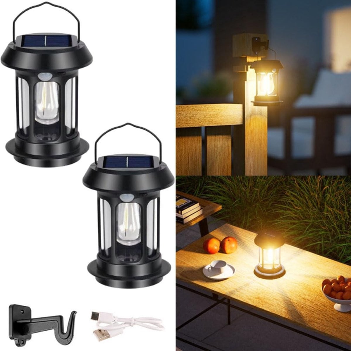 SolidKeus - Set van 2 Retro Hangende Solar Lantaarns met LED en Bewegingssensor