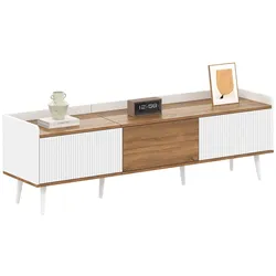 TV-Schrank 160x39x49 mit 3 Türen, Massivholzbeinen und Stauraum, modernes Design in Weiß mit natürlichem Holzfinish, pflegeleicht und sicher