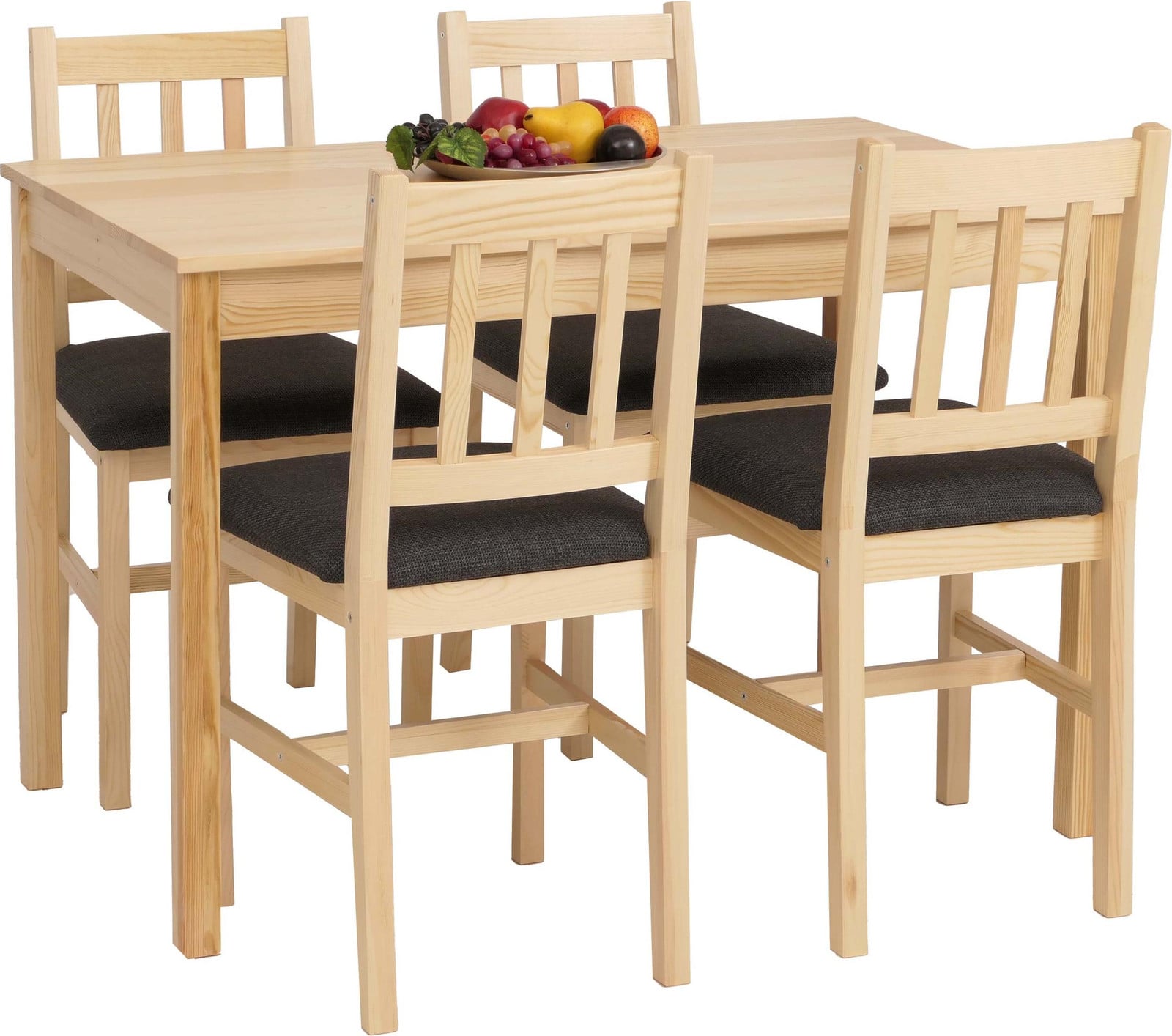 Mendler Eetkamer set HWC-F77 met massief dennenhouten tafel en zwarte stoffen stoelen, naturel