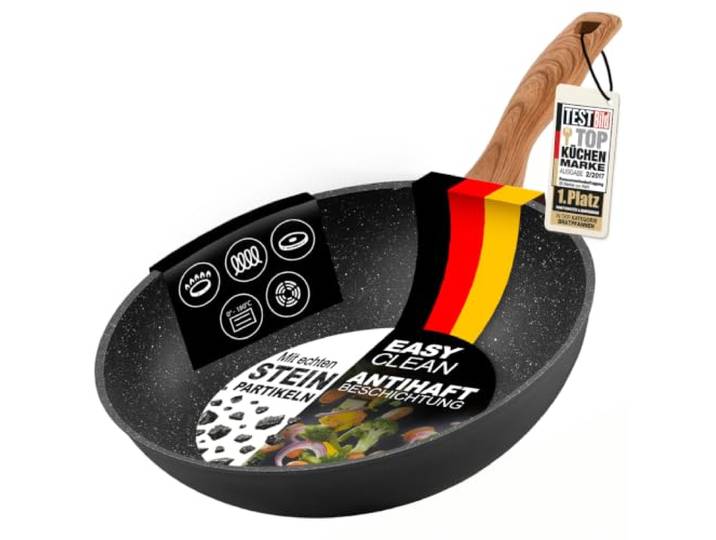 STONELINE Back to Nature Made in Germany Wok 30 cm, auch für öl- und fettfreies Braten, Wok Pfanne beschichtet mit echten Steinpartikeln, Wok Induktion und backofengeeignet