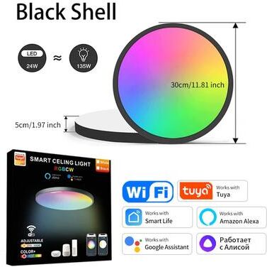 Top Demand Picks Tuya Smart WiFi BLE LED Ceiling Light, 24W RGBCW Round Lamp, Alexa Voice Control, 16M Colors, Indoor Lighting black Ceiling Light