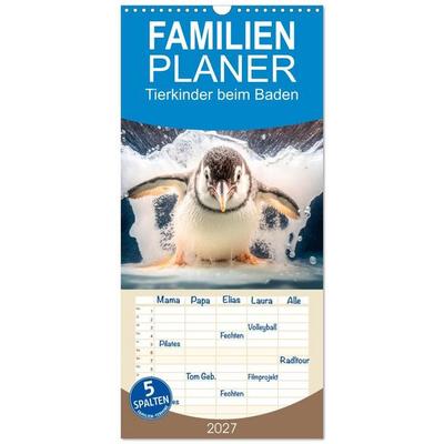 Familienplaner 2027 - Tierkinder beim Baden mit 5 Spalten (Wandkalender, 21 x 45 cm) CALVENDO