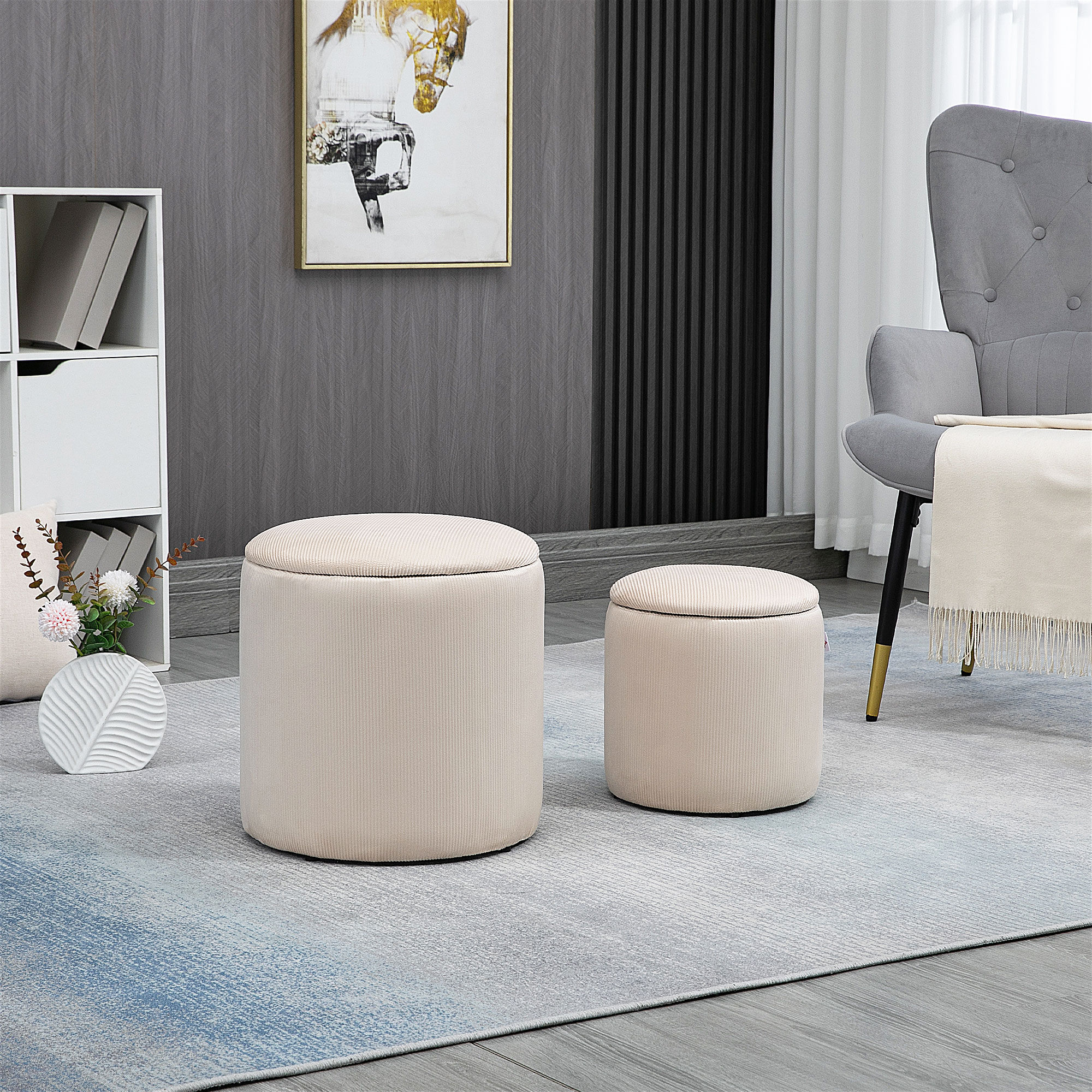 Altro Set Di 2 Pouf Contenitore Salvaspazio Rotondi E Imbottiti In Velluto A Coste, Bianco