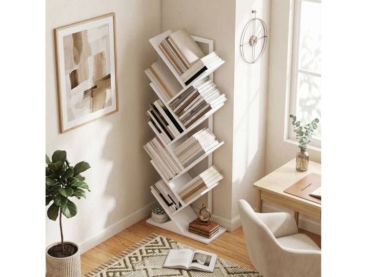 Bibliotheque Arbre Blanche Etagere Industrielle FloraGrace Pour Salon Ou Bureau Avec Kit Anti-Basculement 50x24x136cm