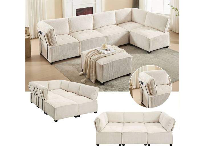 DRIPEX Canapé 6 places modulable en velours côtelé Canapé Confortable en forme de L/U Beige