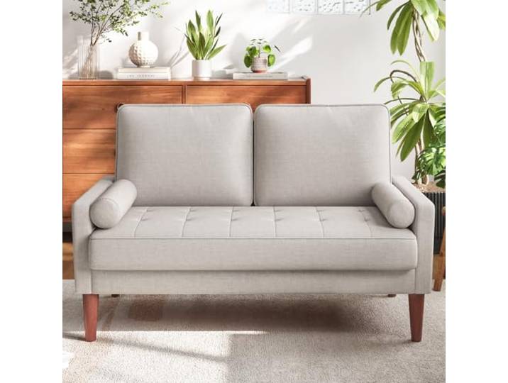 Sofa 2-Sitzer, Kleines Sofa aus Leinenimitat, Aschbeige, 121*77*87 cm Kleines Sofa für kleine Räume, Mid-Century-Modern-2-Sitzer, einfach zu montierendes Sofa für Wohnzimmer und Schlafzimmer