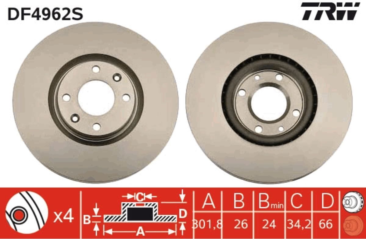 Bremsscheibe TRW DF4962S vorne, belüftet, 1 Stück