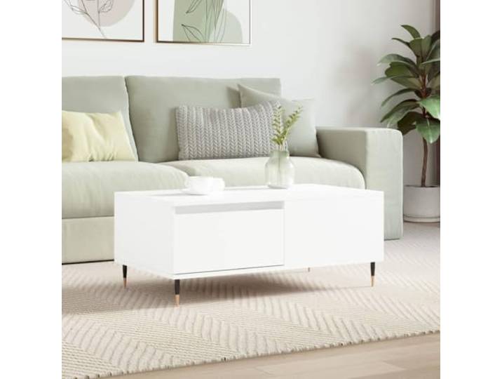 HEFZGDB Couchtisch Weiß 90x50x36,5 cm Holzwerkstoff mit Schublade und Metallbeinen, robuster Beistelltisch mit Stauraum, langlebiger Sofatisch für Wohnzimmer, modernes Möbelstück.