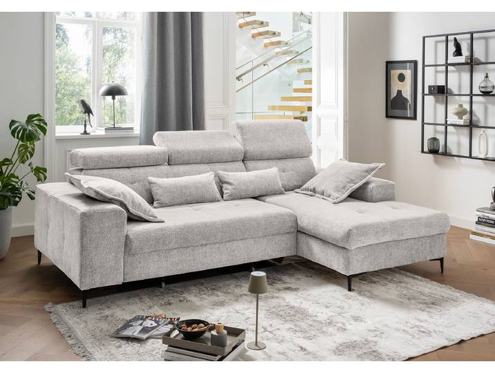 Ecksofa mit Schlaffunktion Grau Webstoff Jimin 270 x 110 x 186cm Longchair davorstehend rechts mit Schlaffunktion