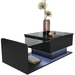 OKWISH Multifunktionaler Couchtisch höhenverstellbar mit LED-Stimmungslicht, Stauraum & Hochglanzplatte, modernes Design, 100x50x47 cm, Schwarz