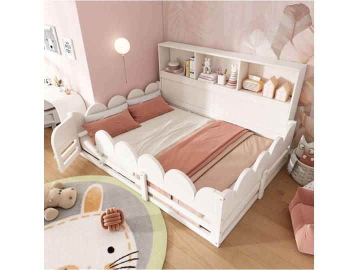 Lit De Sol Enfant 140x190cm Bois Blanc Lit Enfant FloraGrace Pour Chambre Enfant Barrière Et Porte 195x162x85cm