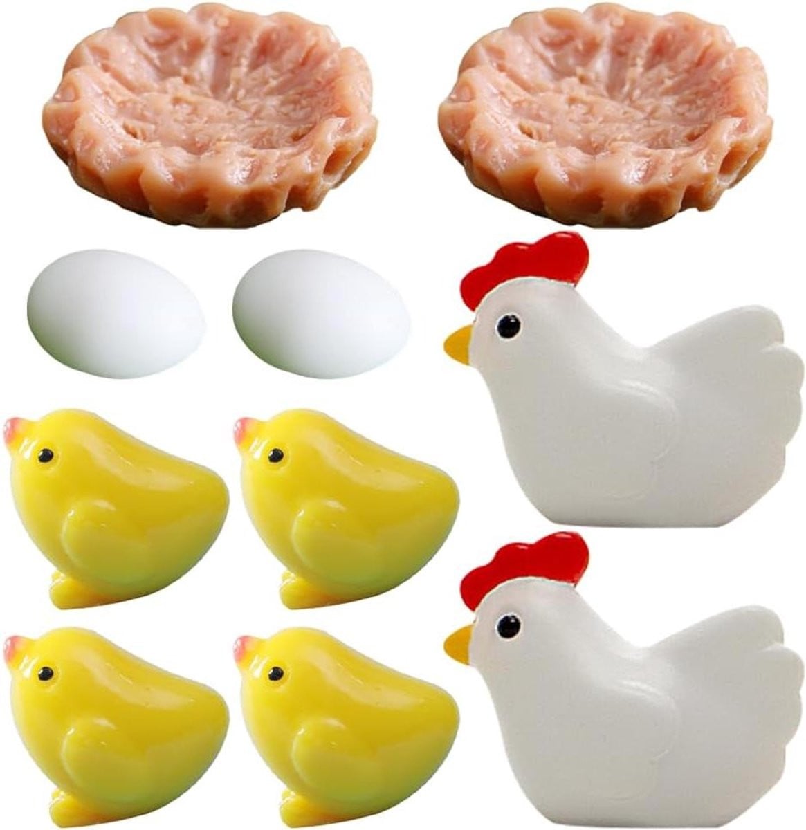 Set van 10 handgemaakte miniatuur kuiken beeldjes voor tuin decoratie en tafeldecoratie