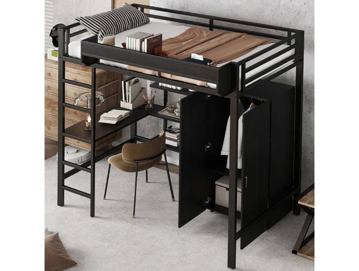 Lit Mezzanine 90x200cm - Pour Enfants et Ados - bureau intégré - Armoire - Étagère et Échelle - Métal Noir