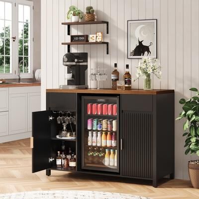 "Garvee Modern 53"" Coffee Bar Cabinet with Mini Fridge Space & Charging Station – Fluted Doors, Wine Rack Sideboard"