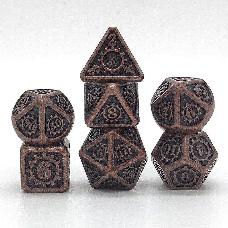 Rio Dés Métal - lot de 7 dés (14mm) avec boite en métal- Gear Copper