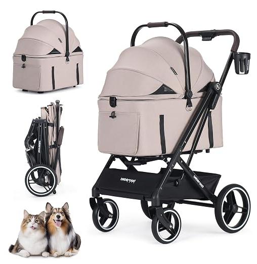 X3 Haustier Kinderwagen für kleine mittlere Hunde Katzen bis 25 kg, mit abnehmbarer und faltbarer Trage, wasserdichter Basis und Sonnendach, Kamel