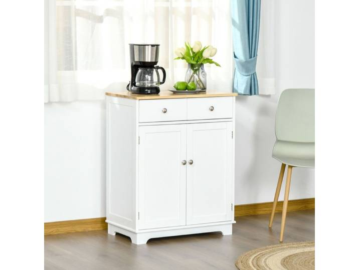 Buffet multi-rangement 2 portes avec étagère réglable 2 tiroirs coulissants MDF plateau bois d'hévéa