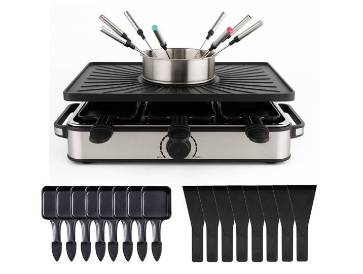 HaushaltO Raclette Raclette-Grill für 8 Personen mit 8 Pfännchen und Schabern, 8 Raclettepfännchen, 1400,00 W, mit Steinplatte