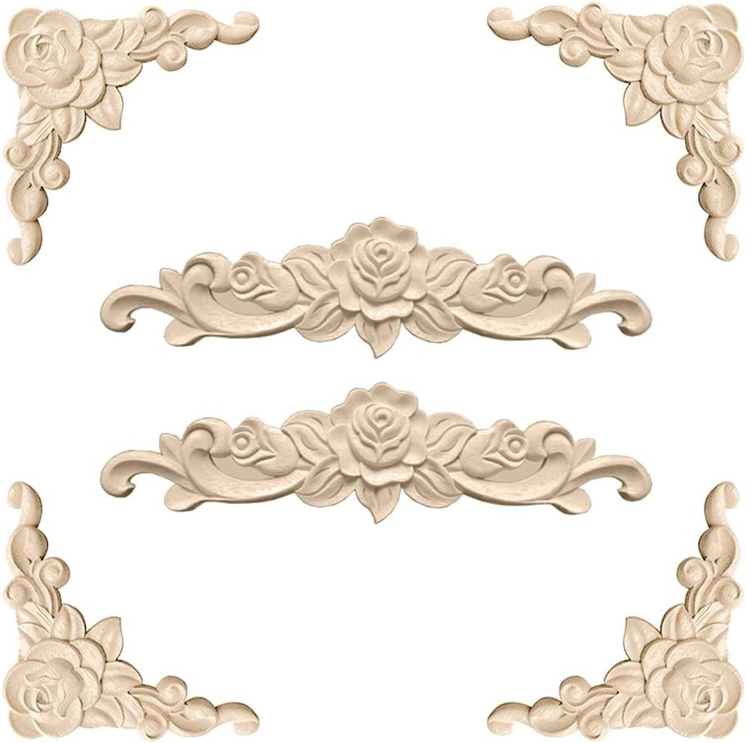 Set van 6 vintage houten ornamenten voor meubels met houtsnijwerk en hoekdecoratie