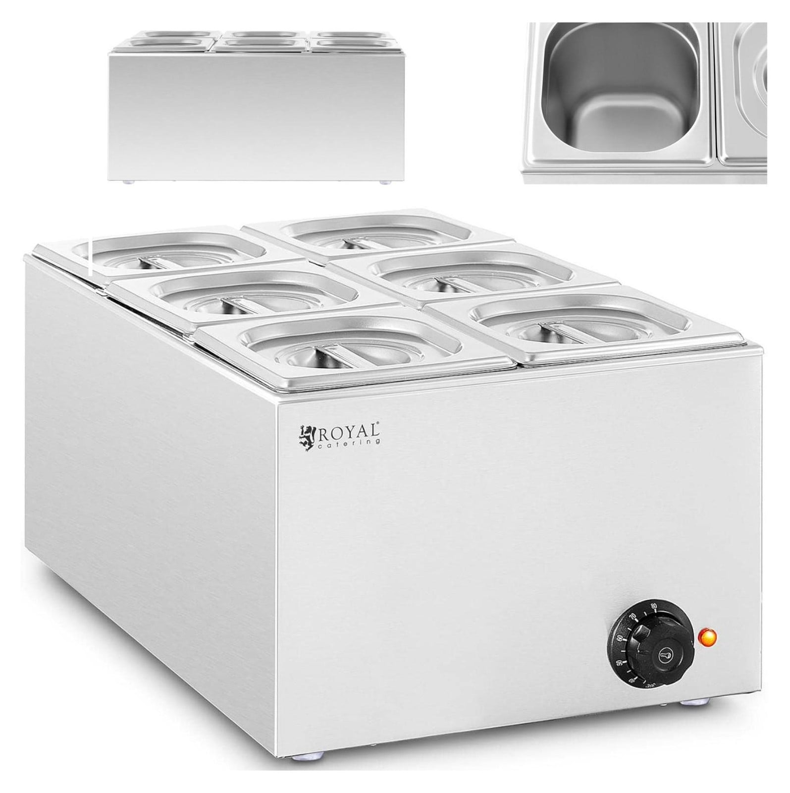Royal Catering Elektrische warmhoudplaat voor bain-marie, geschikt voor 6 GN 1/6 bakplaten, 640 Watt