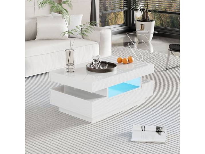 Table basse LED laquée blanche 80x50x36 cm 4 tiroirs
