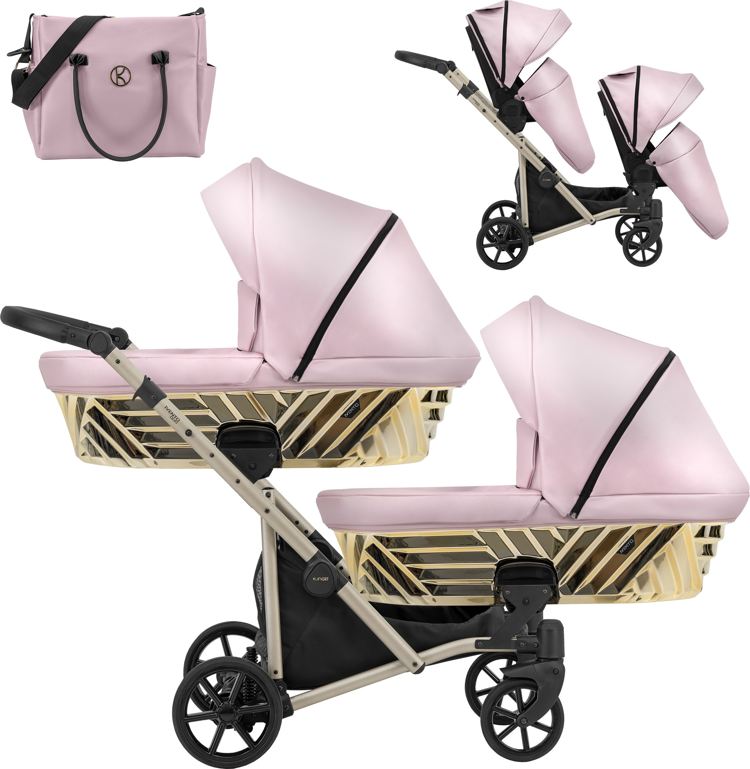 Kinderwagen IVENTO DUO GLAM 2 in 1 Zwillingskinderwagen Geschwisterwagen Zwillingsbuggy Doppelkinderwagen (Eco Pink Metalic, Rahmen: champagne)