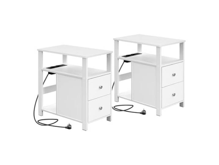 WOLTU Beistelltisch mit Steckdose 2er Set, Nachttisch mit Ladefunktion Sofatisch schmal,mit 2 Schubladen 2 Ablagen 1 Fach,2 Steckdosen,2 USB-Anschlusse,bis 20 kg,Weiß