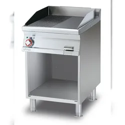 Redcook Bratplatte Gas 1/2 gerippt 1/2 glatt auf offenem Fach. Gestell aus rostfreiem Stahl. Abmessungen 60x70,5 h90 cm. Modell FTLR-76G
