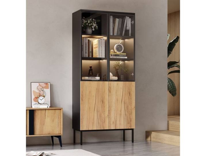 SENVIRO vitrine bibliothèque 180x74x31cm noir et chêne