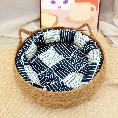 Uplift Picks Rattan Cat Basket Bed With Soft Cushion blue 40 Cm