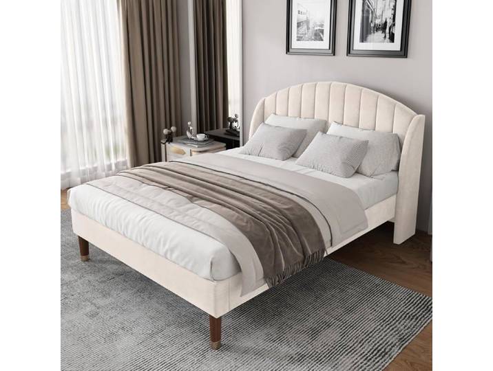 Upholstered Bed with Wooden Slatted Frame 160 x 200 cm Double Bed in Velvet Fabric Teenager Bed with Soft Headboard Blanc