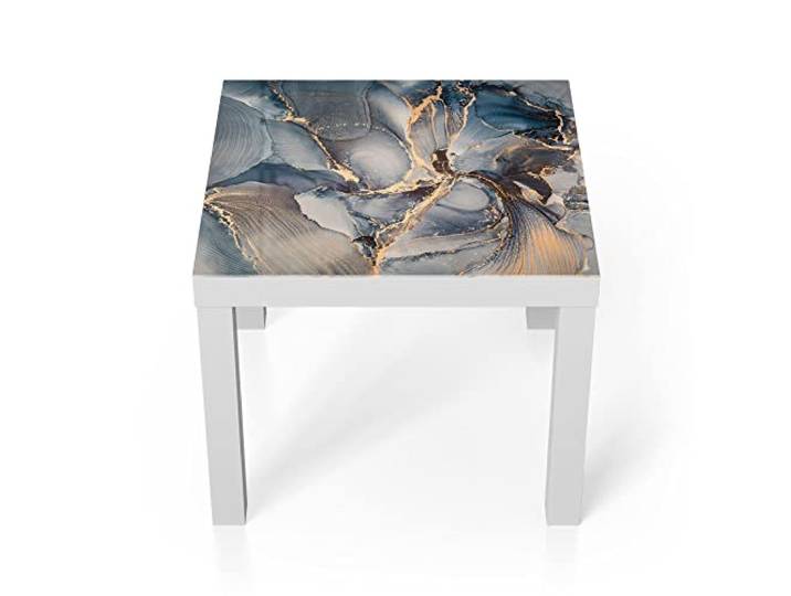 DEQORI Glastisch weiß klein 55x55 cm Motiv Marmor-Farbspiel mit Gold ausgefallener Beistelltisch aus Glas Hochglanz Couchtisch fürs Wohnzimmer moderner Couch Tisch mit Design