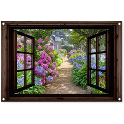 GARTENPOSTER Hortensie - Durchsichtig - Blumen - Lila - Natur - Dunkelbraunes Fenster Gartendeko 90x60 cm