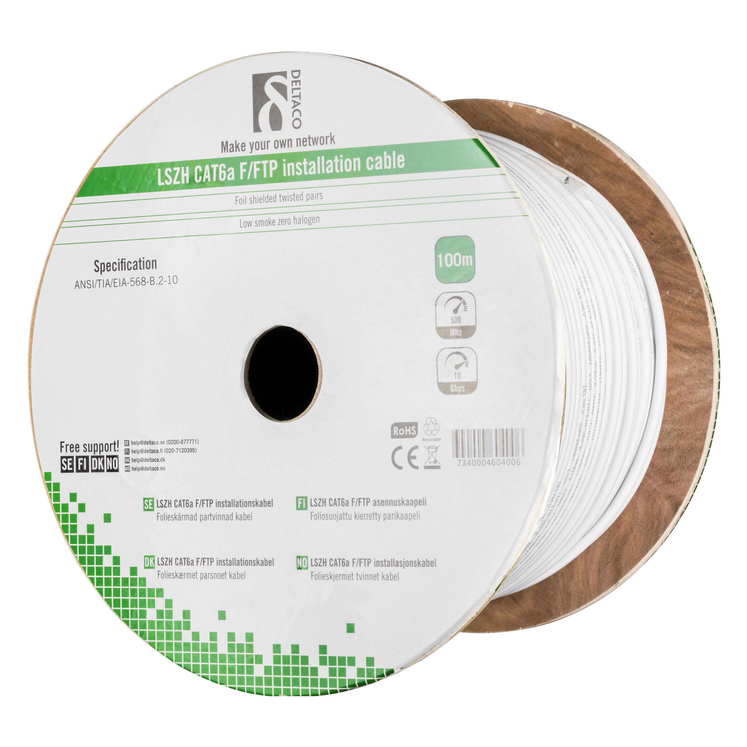 Deltaco F/FTP folieskärmad inst.kabel Cat6a LSZH 100m rulle vit (F/FTP, CAT6a, 100 m) (TP-50C)