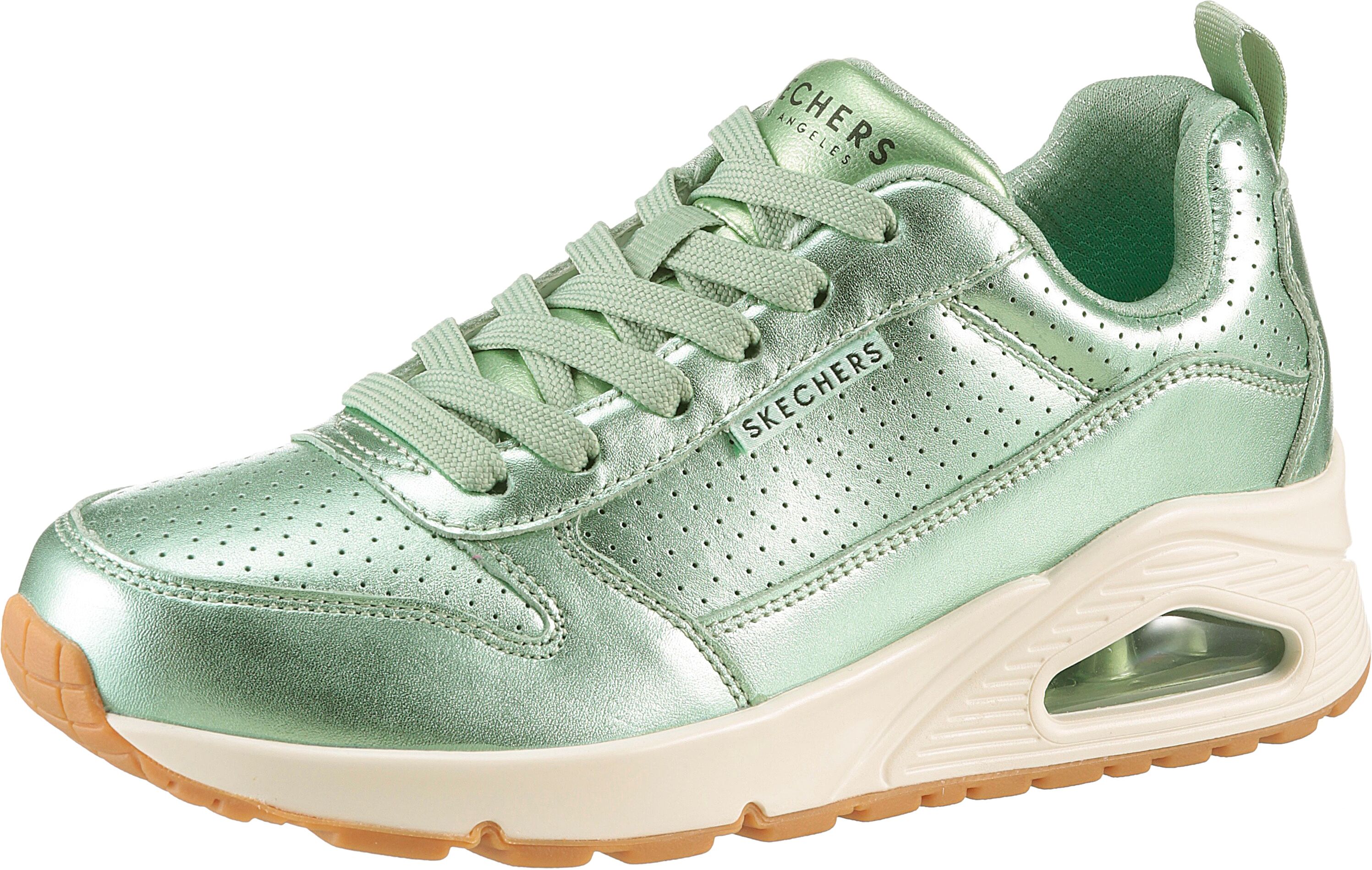 Sneaker SKECHERS "UNO-METALLIXS", Damen, Gr. 35, Textil, grün (mintgrün), Leder, metallic, Schuhe Sneaker, Keilsneaker, Plateausneaker, Schnürschuh, Halbschuh im Metallic-Look
