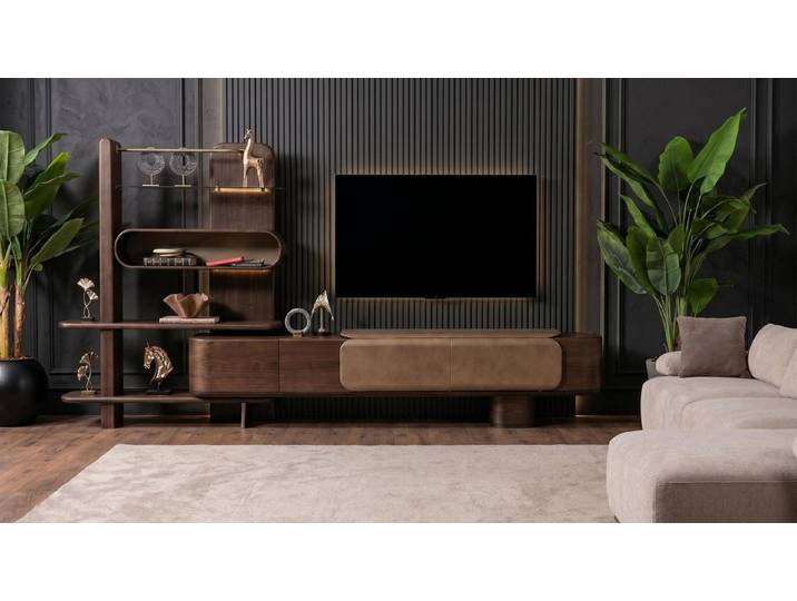 JVmoebel Wohnwand Wohnzimmer Set Luxus Wohnwand Braun TV-Lowboard mit Standregal, Made in Europa