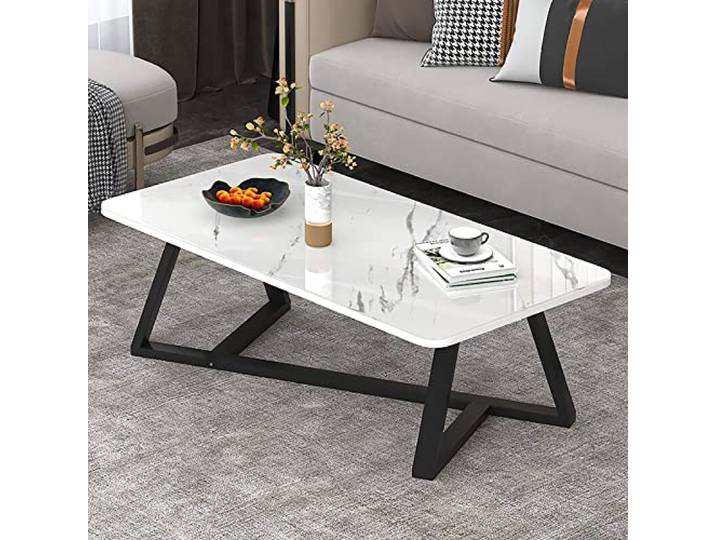 Couchtisch aus Glas, moderner rechteckiger Couchtisch & Beistelltisch aus Kunstmarmor mit schwarzem Metall-Basisrahmen, moderne Wohnzimmer-Tisch-Sets für Wohnung, kleiner Raum