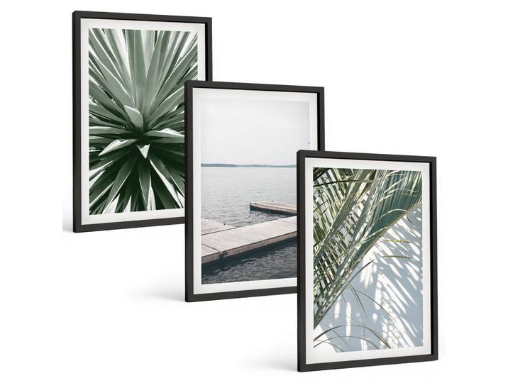 BILDER SET 3er Set - 40x60 cm Schwarzer Rahmen - Palmenblätter-Holzbrücke
